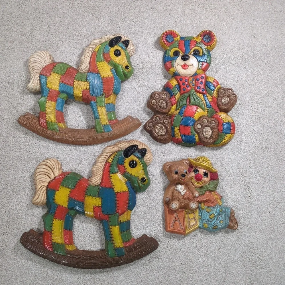 Foam Craft 1970s 2 Rocking Horses & Bear Patchwork & Clown Wall‎ Hanging Nursery